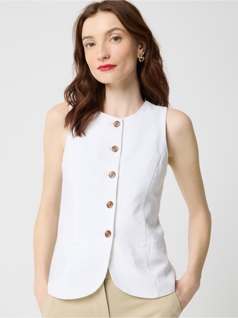 J.Crew Sleeveless White Button Front Linen Vest